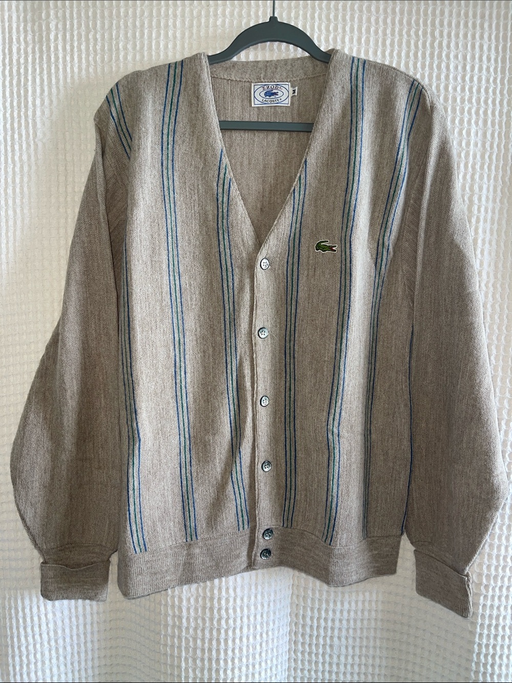 Izod Lacoste Vintage Men's Beige Cardigan with Blue and Green Stripes Size M